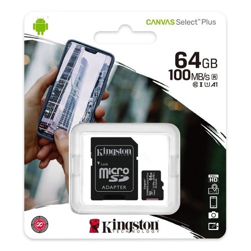 Kingston MicroSDXC 64GB memóriakártya Class10+UHS-1, SD adapterrel