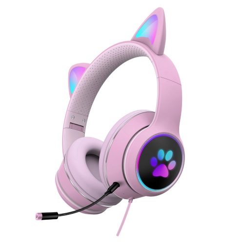 AKZ-022 vezetékes, macskafüles fejhallgató, pink