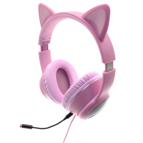 AKZ-023 vezetékes, LED-es macskafüles fejhallgató USB, pink